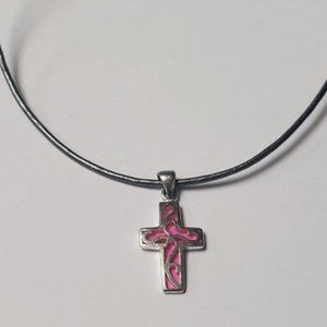 Silver Crystal Cross and Pink tone and Leather Chord 15" Necklace